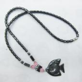 Pink Cat's Eye Opal Hematite Fish Pendant Healing Necklace